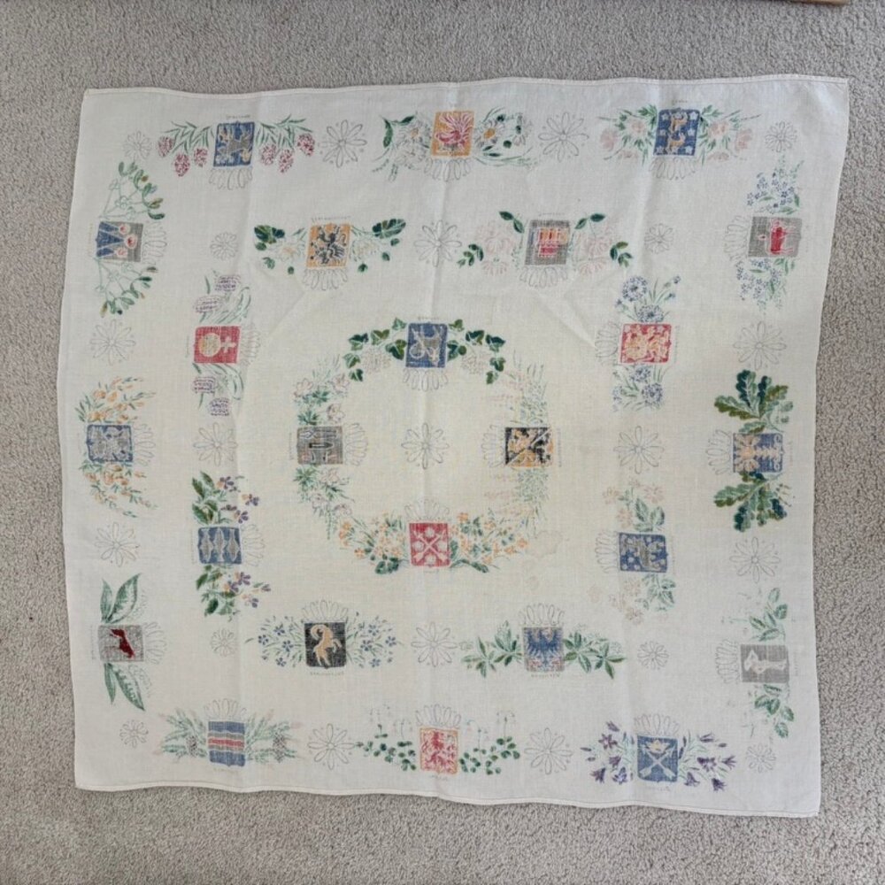 Vintage Swedish printed tablecloth featuring provincial coats of arms and floral - Picture 7 of 9